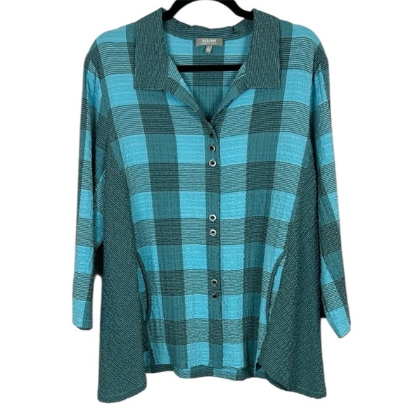 Habitat Blue Plaid 3/4 Sleeve Button Down with Side Pockets Shirt Size Large - Picture 1 of 8